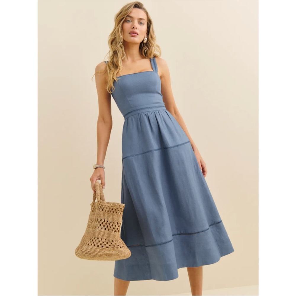Reformation Everett Square-Neck Linen Midi Dress US 4